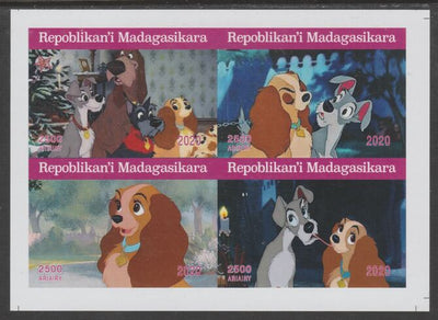 Madagascar 2020 The Lady & The Tramp imperf sheetlet containing 4 values unmounted mint. Note this item is privately produced and is offered purely on its thematic appeal, it has no postal validity