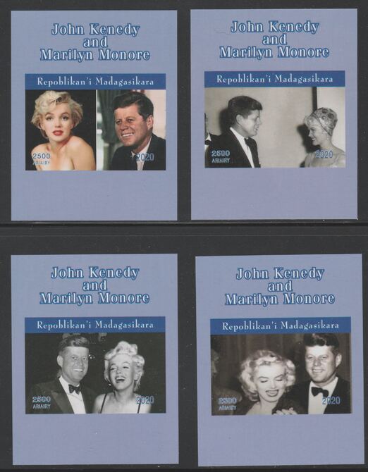 Madagascar 2020 John Kennedy & Marilyn Monroe set of 4 imperfm/sheets. Note this item is privately produced and is offered purely on its thematic appeal, it has no postal validity