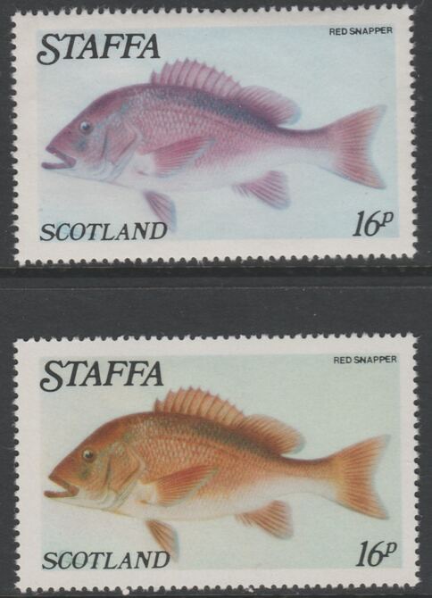 Staffa 1979 Fish - Red Snapper16p perf single showing a superb shade apparently due to a dry print of the yellow complete with normal both unmounted mint