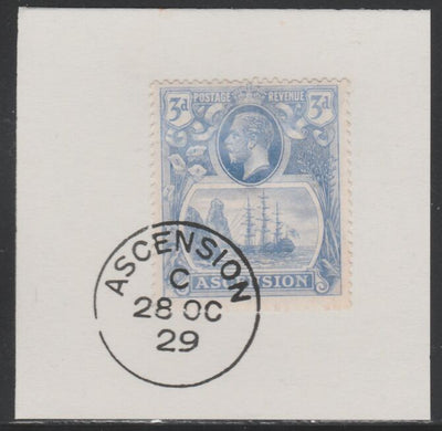 Ascension 1924-33 KG5 Badge 3d blue (SG14) on piece with full strike of Madame Joseph forged postmark type 20