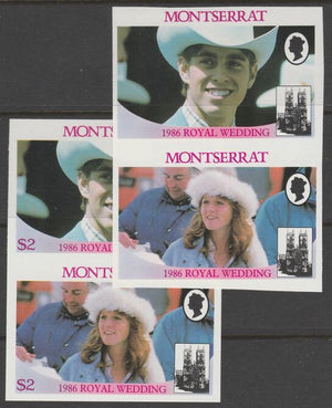 Montserrat 1986 Royal Wedding $2 imperf se-tenant pair with value omitted, plus normal,imperf pair, both unmounted mint, SG 693avar