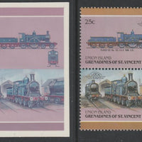 St Vincent - Union Island 1987 Locomotives #6 (Leaders of the World) 25c Class 123 se-tenant pair,die proof in magenta and cyan only (missing Country name, inscription & value) on Cromalin plastic card (ex archives) complete with issued stamp