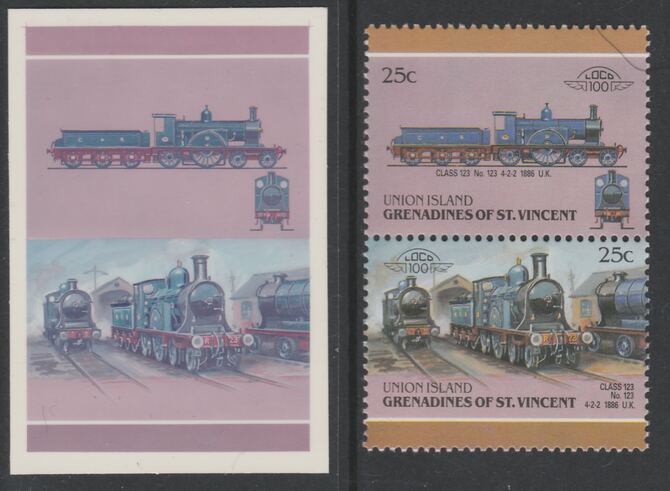 St Vincent - Union Island 1987 Locomotives #6 (Leaders of the World) 25c Class 123 se-tenant pair,die proof in magenta and cyan only (missing Country name, inscription & value) on Cromalin plastic card (ex archives) complete with issued stamp