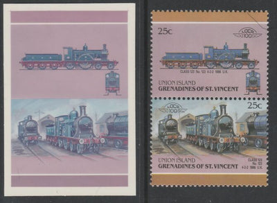 St Vincent - Union Island 1987 Locomotives #6 (Leaders of the World) 25c Class 123 se-tenant pair,die proof in magenta and cyan only (missing Country name, inscription & value) on Cromalin plastic card (ex archives) complete with issued stamp