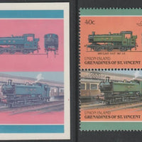 St Vincent - Union Island 1987 Locomotives #6 (Leaders of the World) 40c GWR 9400 Class se-tenant pair,die proof in magenta and cyan only (missing Country name, inscription & value) on Cromalin plastic card (ex archives) complete with issued stamp