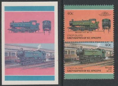 St Vincent - Union Island 1987 Locomotives #6 (Leaders of the World) 40c GWR 9400 Class se-tenant pair,die proof in magenta and cyan only (missing Country name, inscription & value) on Cromalin plastic card (ex archives) complete with issued stamp