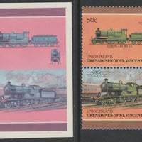 St Vincent - Union Island 1987 Locomotives #6 (Leaders of the World) 50c LSWR Class D15 se-tenant pair,die proof in magenta and cyan only (missing Country name, inscription & value) on Cromalin plastic card (ex archives) complete with issued stamp