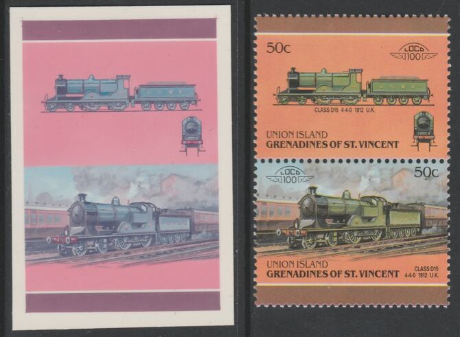 St Vincent - Union Island 1987 Locomotives #6 (Leaders of the World) 50c LSWR Class D15 se-tenant pair,die proof in magenta and cyan only (missing Country name, inscription & value) on Cromalin plastic card (ex archives) complete with issued stamp