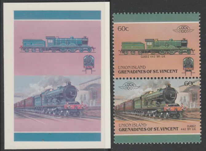 St Vincent - Union Island 1987 Locomotives #6 (Leaders of the World) 60c North Eastern Class Z se-tenant pair,die proof in magenta and cyan only (missing Country name, inscription & value) on Cromalin plastic card (ex archives) co……Details Below