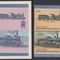 St Vincent - Union Island 1987 Locomotives #6 (Leaders of the World) 75c GER Class Y14 se-tenant pair,die proof in magenta and cyan only (missing Country name, inscription & value) on Cromalin plastic card (ex archives) complete with issued stamp