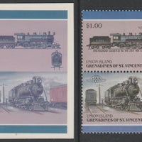 St Vincent - Union Island 1987 Locomotives #6 (Leaders of the World) $1 Erie Railroad Class H20 se-tenant pair,die proof in magenta and cyan only (missing Country name, inscription & value) on Cromalin plastic card (ex archives) c……Details Below