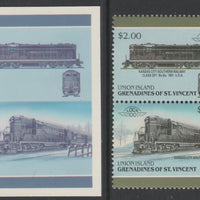 St Vincent - Union Island 1987 Locomotives #6 (Leaders of the World) $2 Kansas City Southern railway Class GP7 se-tenant pair,die proof in magenta and cyan only (missing Country name, inscription & value) on Cromalin plastic card ……Details Below