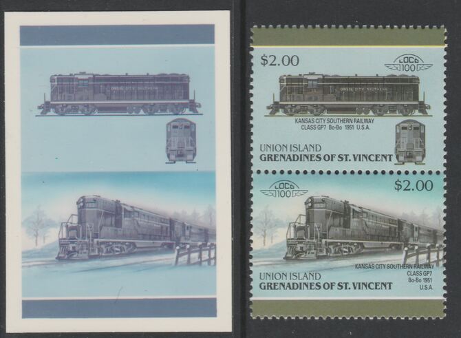 St Vincent - Union Island 1987 Locomotives #6 (Leaders of the World) $2 Kansas City Southern railway Class GP7 se-tenant pair,die proof in magenta and cyan only (missing Country name, inscription & value) on Cromalin plastic card ……Details Below