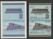 St Vincent - Union Island 1987 Locomotives #6 (Leaders of the World) $2 Kansas City Southern railway Class GP7 se-tenant pair,die proof in magenta and cyan only (missing Country name, inscription & value) on Cromalin plastic card ……Details Below