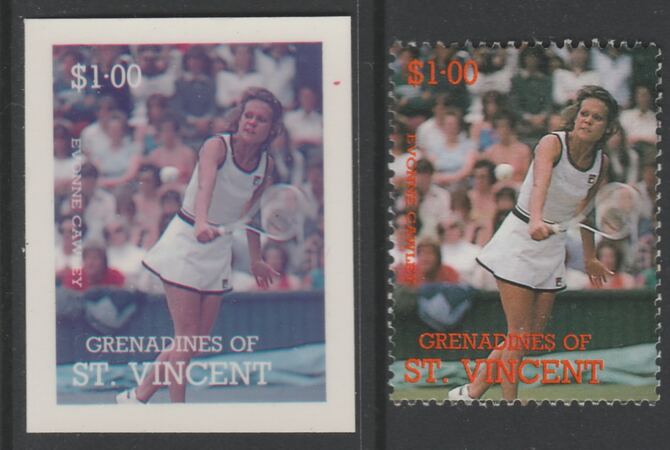 St Vincent - Grenadines 1988 International Tennis Players $1 Evonne Cawley die proof in magenta & cyan only on Cromalin plastic card (ex archives) complete with issued stamp (SG 585). Cromalin proofs are an essential part of the p……Details Below