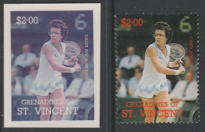 St Vincent - Grenadines 1988 International Tennis Players $2 Billie Jean King die proof in magenta & cyan only on Cromalin plastic card (ex archives) complete with issued stamp (SG 587). Cromalin proofs are an essential part of th……Details Below