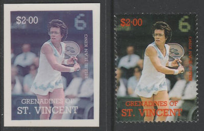 St Vincent - Grenadines 1988 International Tennis Players $2 Billie Jean King die proof in magenta & cyan only on Cromalin plastic card (ex archives) complete with issued stamp (SG 587). Cromalin proofs are an essential part of th……Details Below