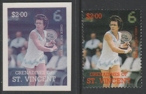 St Vincent - Grenadines 1988 International Tennis Players $2 Billie Jean King die proof in magenta & cyan only on Cromalin plastic card (ex archives) complete with issued stamp (SG 587). Cromalin proofs are an essential part of th……Details Below