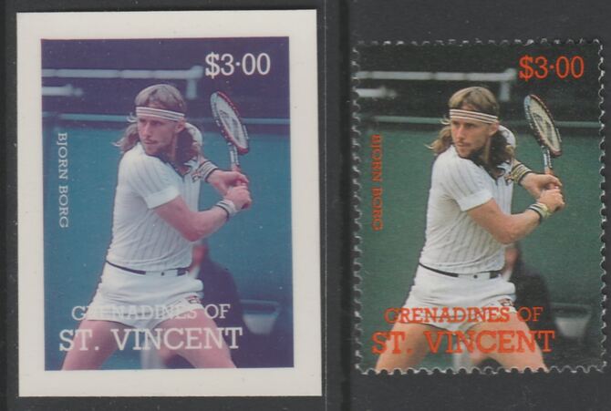 St Vincent - Grenadines 1988 International Tennis Players $3 Bjorn Borg die proof in magenta & cyan only on Cromalin plastic card (ex archives) complete with issued stamp (SG 588). Cromalin proofs are an essential part of the prin……Details Below