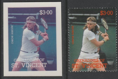 St Vincent - Grenadines 1988 International Tennis Players $3 Bjorn Borg die proof in magenta & cyan only on Cromalin plastic card (ex archives) complete with issued stamp (SG 588). Cromalin proofs are an essential part of the prin……Details Below
