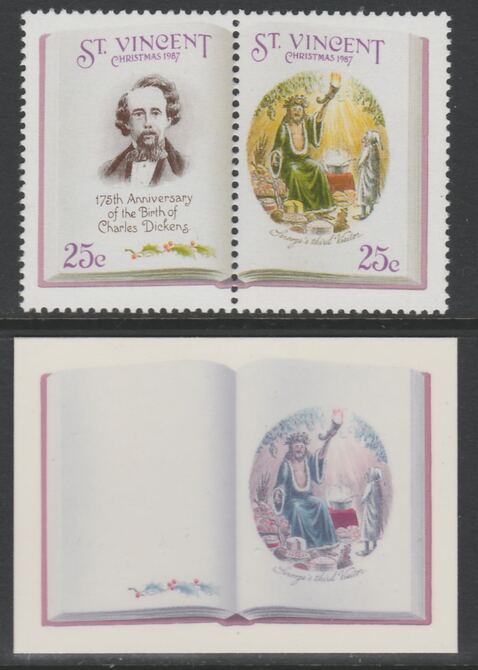 St Vincent 1987 Christmas - Charles Dickens 25c Scrooge's Third Visitor se-tenant die proof in magenta & cyan only on Cromalin plastic card (ex archives) complete with issued pair (SG 1118a). Cromalin proofs are an essential part ……Details Below