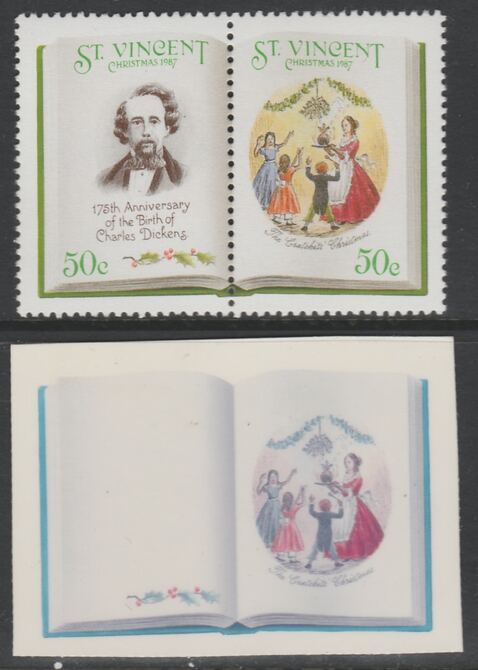 St Vincent 1987 Christmas - Charles Dickens 50c The Cratchits' Christmas se-tenant die proof in magenta & cyan only on Cromalin plastic card (ex archives) complete with issued pair (SG 1120a). Cromalin proofs are an essential part……Details Below