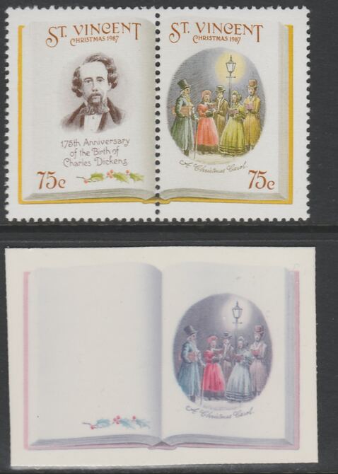 St Vincent 1987 Christmas - Charles Dickens 75c A Christmas Carol se-tenant die proof in magenta & cyan only on Cromalin plastic card (ex archives) complete with issued pair (SG 1122a). Cromalin proofs are an essential part of the……Details Below