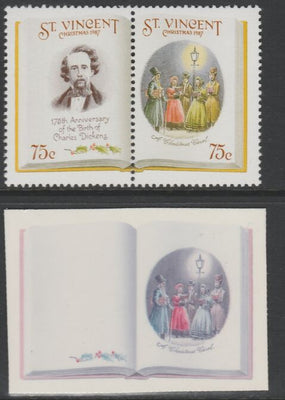 St Vincent 1987 Christmas - Charles Dickens 75c A Christmas Carol se-tenant die proof in magenta & cyan only on Cromalin plastic card (ex archives) complete with issued pair (SG 1122a). Cromalin proofs are an essential part of the……Details Below