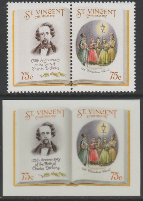 St Vincent 1987 Christmas - Charles Dickens 75c A Christmas Carol se-tenant die proof in all 4 colours on Cromalin plastic card (ex archives) complete with issued pair (SG 1122a). Cromalin proofs are an essential part of the print……Details Below