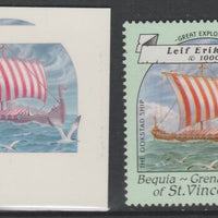 St Vincent - Bequia 1988 Explorers 15c Leif Eriksson's Gokstad Ship die proof in magenta & cyan only on Cromalin plastic card (ex archives) complete with issued stamp. Cromalin proofs are an essential part of the printing proces, ……Details Below
