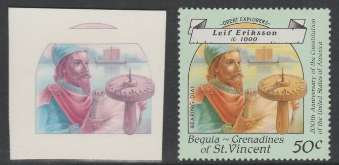 St Vincent - Bequia 1988 Explorers 50c Leif Eriksson die proof in magenta & cyan only on Cromalin plastic card (ex archives) complete with issued stamp. Cromalin proofs are an essential part of the printing proces, produced in ver……Details Below