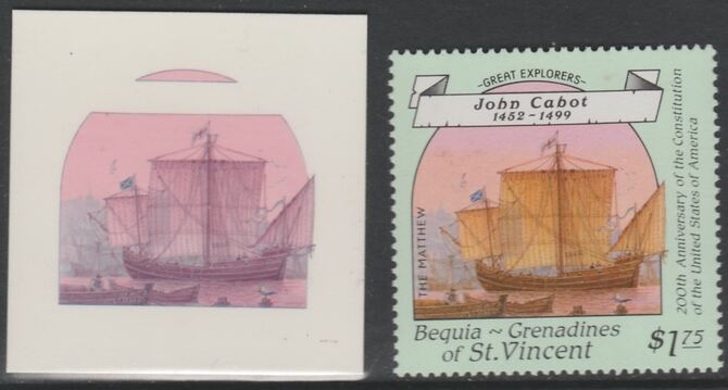 St Vincent - Bequia 1988 Explorers $1.75 John Cabot's Matthew die proof in magenta & cyan only on Cromalin plastic card (ex archives) complete with issued stamp. Cromalin proofs are an essential part of the printing proces, produc……Details Below