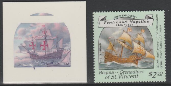 St Vincent - Bequia 1988 Explorers $2.50 Ferdinand Magellan's Ship The Trinidad die proof in magenta & cyan only on Cromalin plastic card (ex archives) complete with issued stamp. Cromalin proofs are an essential part of the print……Details Below