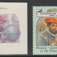 St Vincent - Bequia 1988 Explorers $4 Ferdinand Magellan die proof in magenta & cyan only on Cromalin plastic card (ex archives) complete with issued stamp. Cromalin proofs are an essential part of the printing proces, produced in……Details Below
