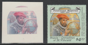 St Vincent - Bequia 1988 Explorers $4 Ferdinand Magellan die proof in magenta & cyan only on Cromalin plastic card (ex archives) complete with issued stamp. Cromalin proofs are an essential part of the printing proces, produced in……Details Below