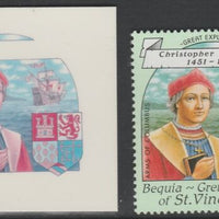 St Vincent - Bequia 1988 Explorers $3 Christopher Columbus die proof in magenta & cyan only on Cromalin plastic card (ex archives) complete with issued stamp. Cromalin proofs are an essential part of the printing proces, produced ……Details Below