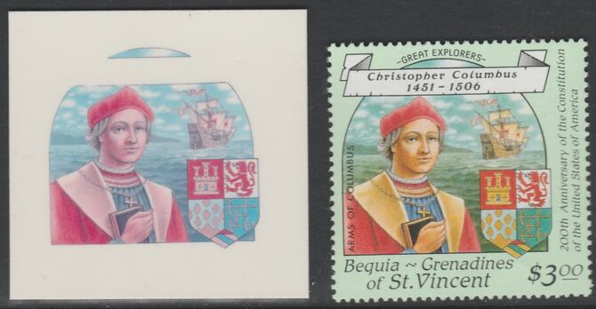 St Vincent - Bequia 1988 Explorers $3 Christopher Columbus die proof in magenta & cyan only on Cromalin plastic card (ex archives) complete with issued stamp. Cromalin proofs are an essential part of the printing proces, produced ……Details Below