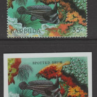 Barbuda 1987 Marine Life 35c Spotted Drum Fish die proof in all 4 colours on Cromalin plastic card complete with issued stamp (SG 964). Cromalin proofs are an essential part of the printing proces, produced in very limited numbers……Details Below