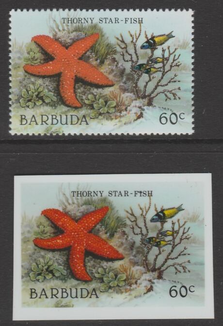 Barbuda 1987 Marine Life 60c Thorny Starfish die proof in all 4 colours on Cromalin plastic card complete with issued stamp (SG 965). Cromalin proofs are an essential part of the printing proces, produced in very limited numbers a……Details Below