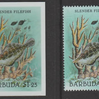 Barbuda 1987 Marine Life $1.25 Slender Filefish die proof in all 4 colours on Cromalin plastic card complete with issued stamp (SG 969). Cromalin proofs are an essential part of the printing proces, produced in very limited number……Details Below