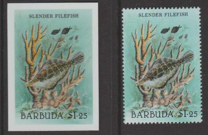 Barbuda 1987 Marine Life $1.25 Slender Filefish die proof in all 4 colours on Cromalin plastic card complete with issued stamp (SG 969). Cromalin proofs are an essential part of the printing proces, produced in very limited number……Details Below