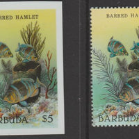 Barbuda 1987 Marine Life $5 Barred Hamlet die proof in all 4 colours on Cromalin plastic card complete with issued stamp (SG 970). Cromalin proofs are an essential part of the printing proces, produced in very limited numbers and ……Details Below