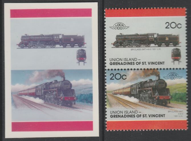 St Vincent - Union Island 1987 Locomotives #7 (Leaders of the World) 20c BR Class 5MT se-tenant imperf die proof in magenta & cyan only on Cromalin plastic card (ex archives) complete with issued pair. Cromalin proofs are an essen……Details Below