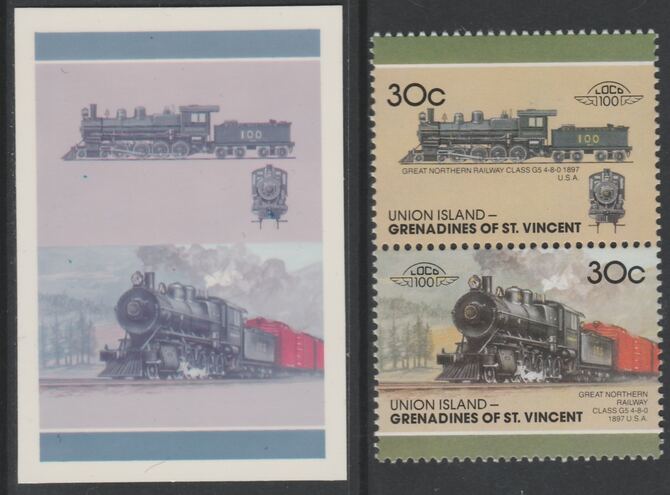 St Vincent - Union Island 1987 Locomotives #7 (Leaders of the World) 30c Great Northern Class G5 se-tenant imperf die proof in magenta & cyan only on Cromalin plastic card (ex archives) complete with issued pair. Cromalin proofs a……Details Below