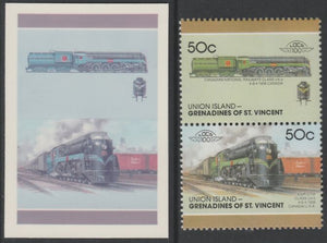 St Vincent - Union Island 1987 Locomotives #7 (Leaders of the World) 50c Canadian National Class U4-a se-tenant imperf die proof in magenta & cyan only on Cromalin plastic card (ex archives) complete with issued pair. Cromalin pro……Details Below