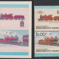 St Vincent - Union Island 1987 Locomotives #7 (Leaders of the World) $1 Midland & South Western Junction se-tenant imperf die proof in magenta & cyan only on Cromalin plastic card (ex archives) complete with issued pair. Cromalin ……Details Below