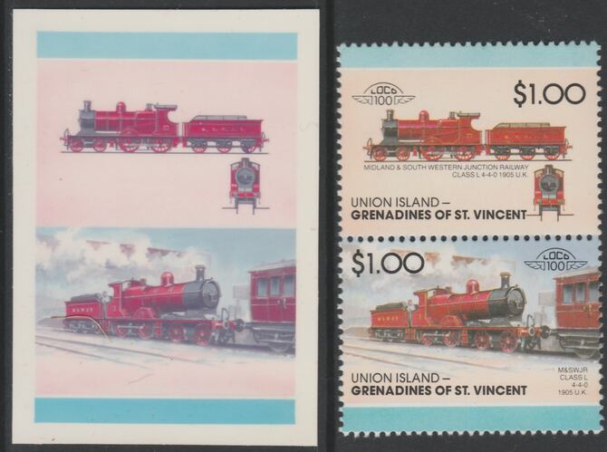 St Vincent - Union Island 1987 Locomotives #7 (Leaders of the World) $1 Midland & South Western Junction se-tenant imperf die proof in magenta & cyan only on Cromalin plastic card (ex archives) complete with issued pair. Cromalin ……Details Below