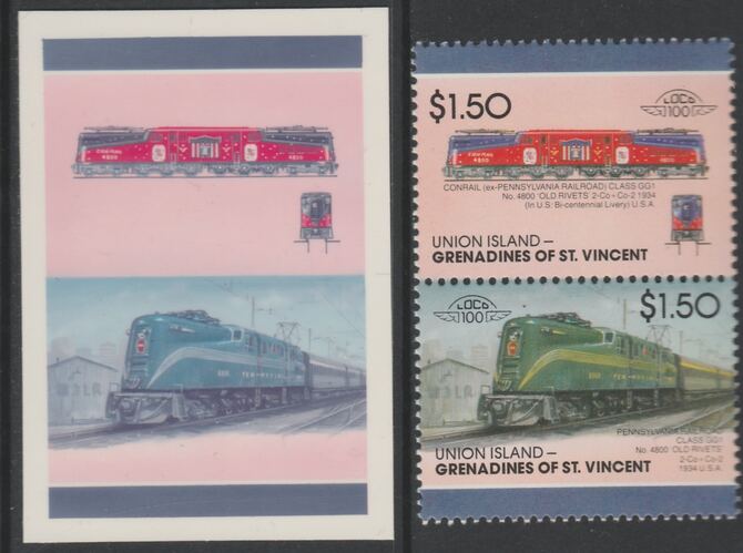 St Vincent - Union Island 1987 Locomotives #7 (Leaders of the World) $1.50 Conrail Class GG1 se-tenant imperf die proof in magenta & cyan only on Cromalin plastic card (ex archives) complete with issued pair. Cromalin proofs are a……Details Below