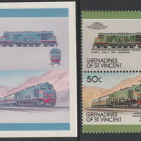 St Vincent - Grenadines 1987 Locomotives #8 (Leaders of the World) 50c Western Australia Class X se-tenant imperf die proof in magenta & cyan only on Cromalin plastic card (ex archives) complete with issued SPECIMEN pair. (SG 524a……Details Below