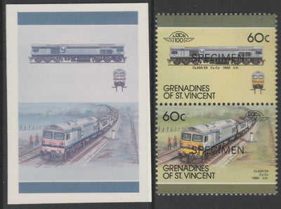 St Vincent - Grenadines 1987 Locomotives #8 (Leaders of the World) 60c UK Class 59 se-tenant imperf die proof in magenta & cyan only on Cromalin plastic card (ex archives) complete with issued SPECIMEN pair. (SG 526a). Cromalin pr……Details Below